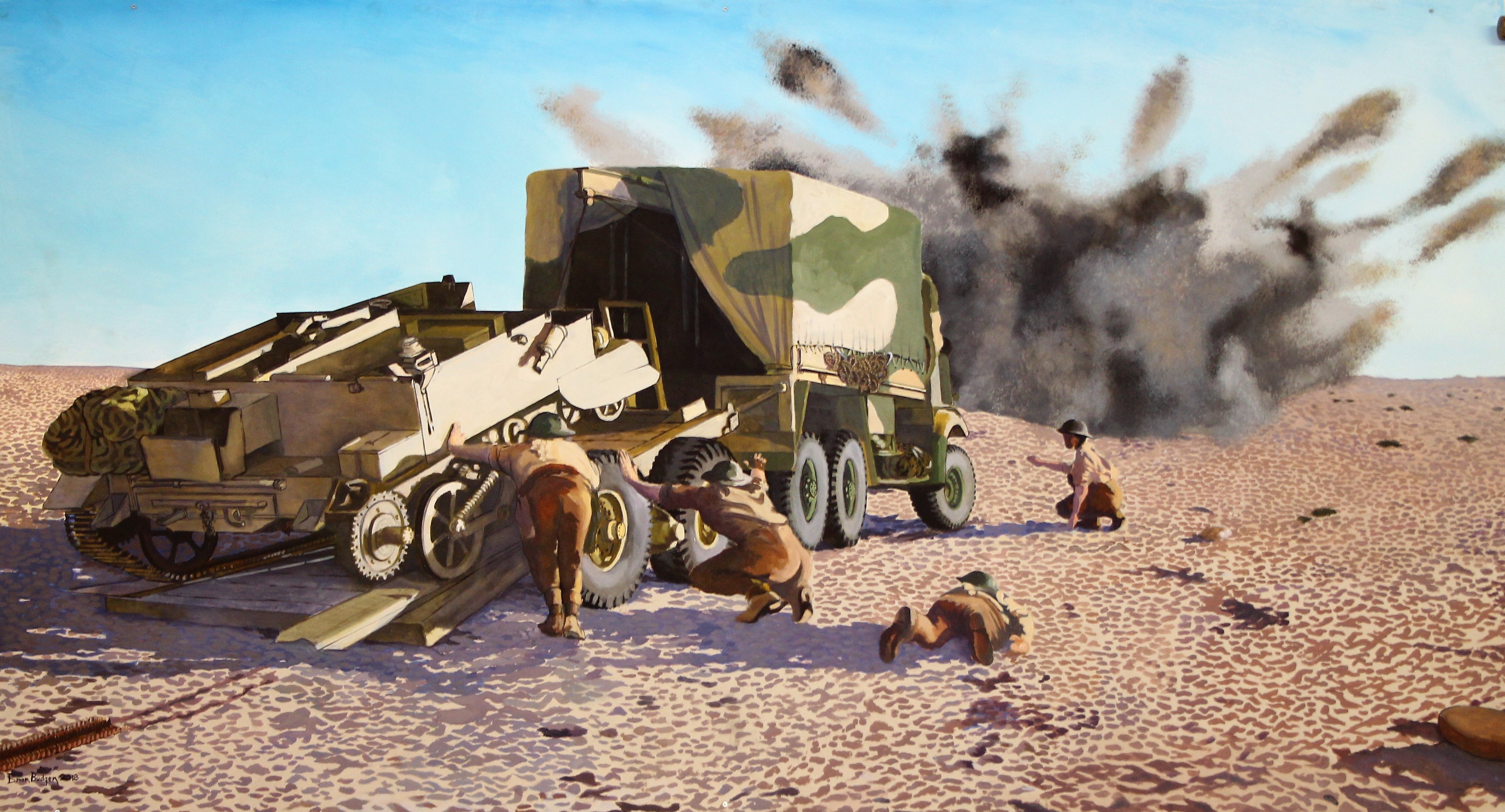 Painting in Museum of RAEME members recovering vehicles under fire at Tobruk
